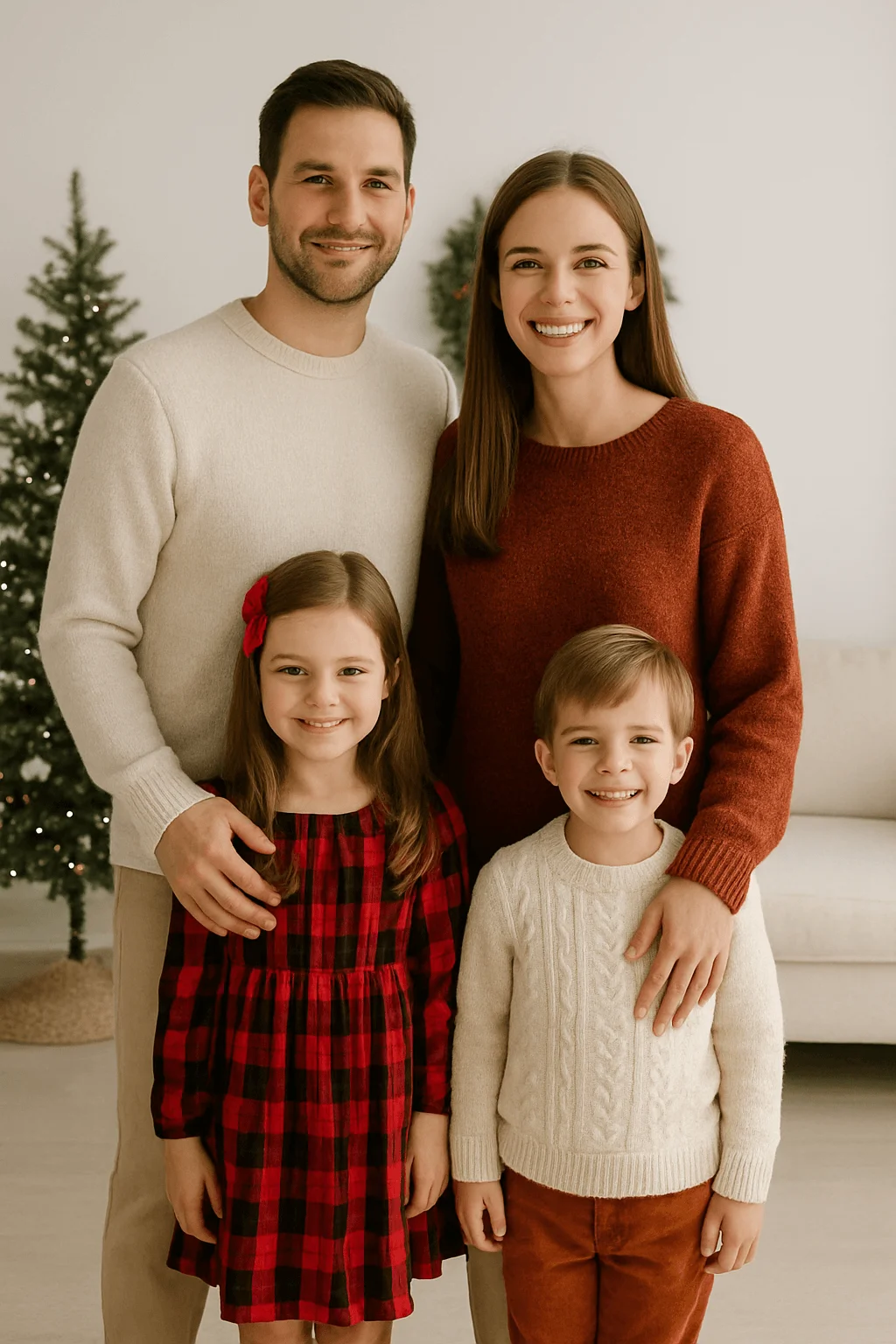 A family of four stands together in a softly lit living room decorated with small Christmas trees. The parents wear cozy sweaters, one in cream and one in rust, while the daughter wears a red-and-black plaid dress with a red hair bow, and the son wears a cream cable-knit sweater with rust-colored pants. All are smiling warmly at the camera.