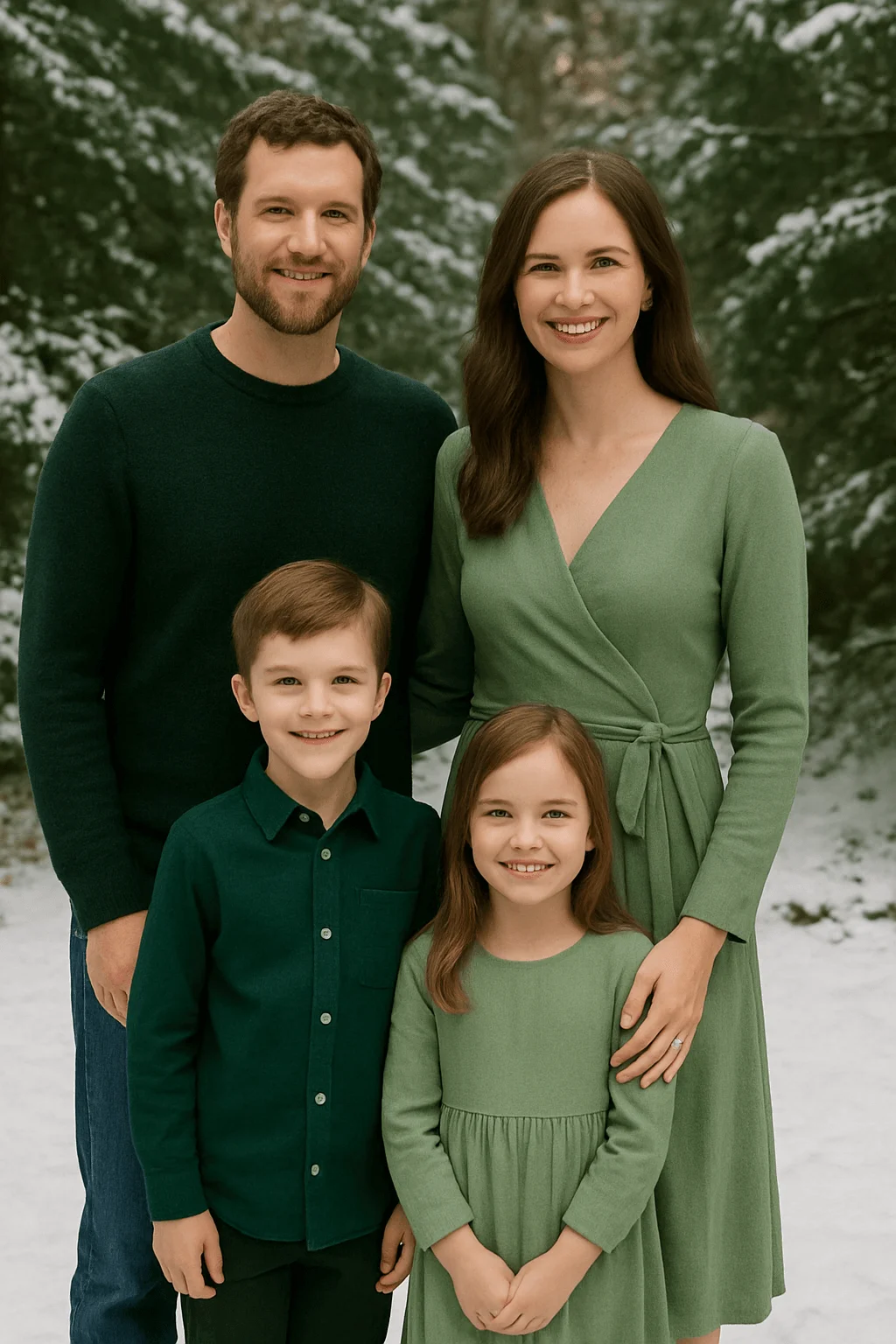 A family of four poses outdoors in snowy pine trees, wearing matching green winter outfits; the father in a dark green sweater, the mother in a light green wrap dress, and two children in coordinating green tops and dresses, all smiling warmly.