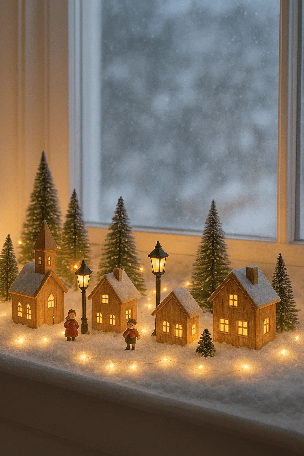 Cozy Christmas village window display with miniature wooden houses glowing lights snowy trees tiny figurines and a frosty winter backdrop creating a warm festive holiday scene