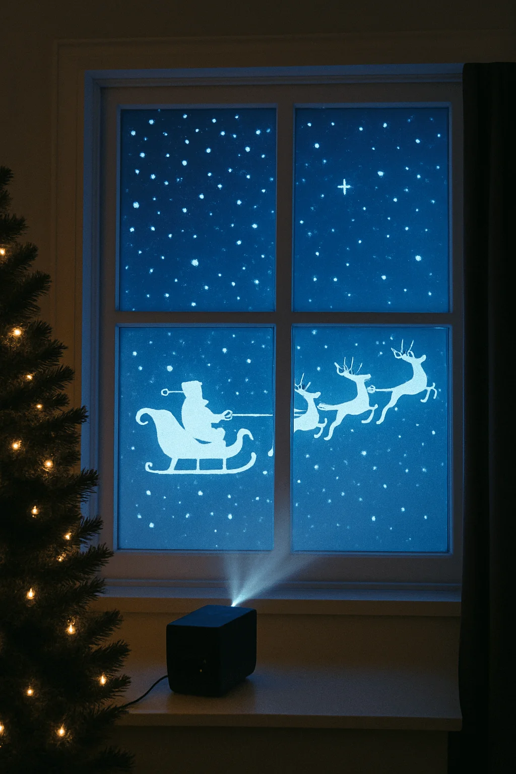 Christmas window scene with a projector casting a blue night sky full of stars and a white silhouette of Santa in a sleigh pulled by reindeer alongside a lit Christmas tree creating a magical holiday display