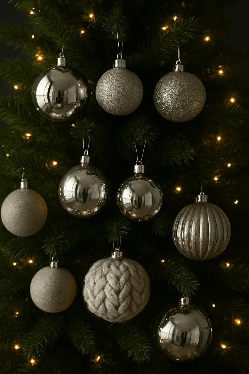 close up of christmas tree decorated with chrome silver and metallic ornaments reflecting warm fairy lights for a modern festive look