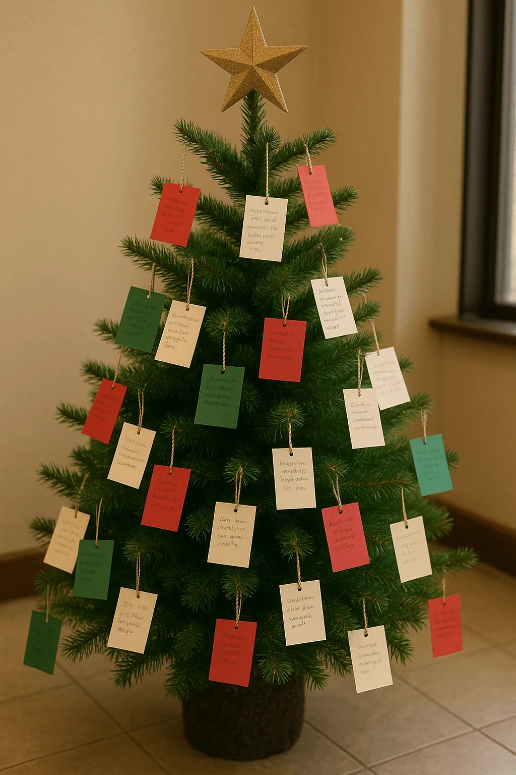 Small indoor Christmas prayer tree decorated with red, green, and white handwritten cards on twine, topped with a gold star, displayed in a church hallway.