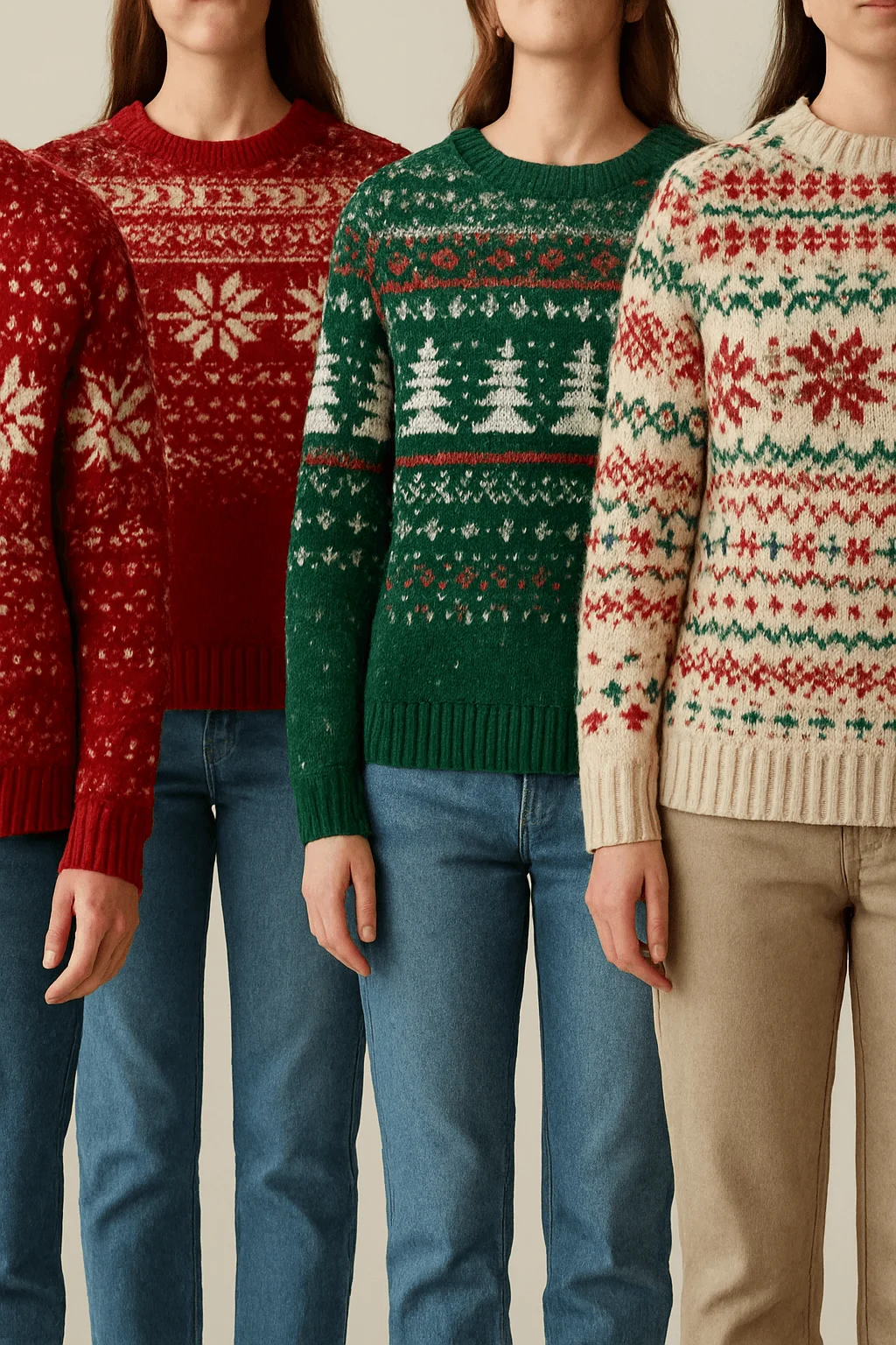 Festive family photo showing matching Christmas sweaters with red green and cream holiday patterns and blue jeans