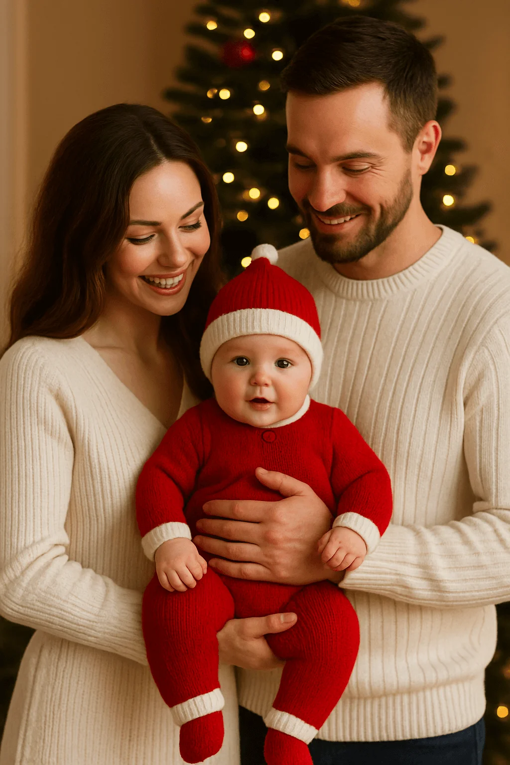 Christmas family photo with parents in cream sweaters smiling and holding a baby dressed in a red Santa themed outfit in front of a decorated Christmas tree