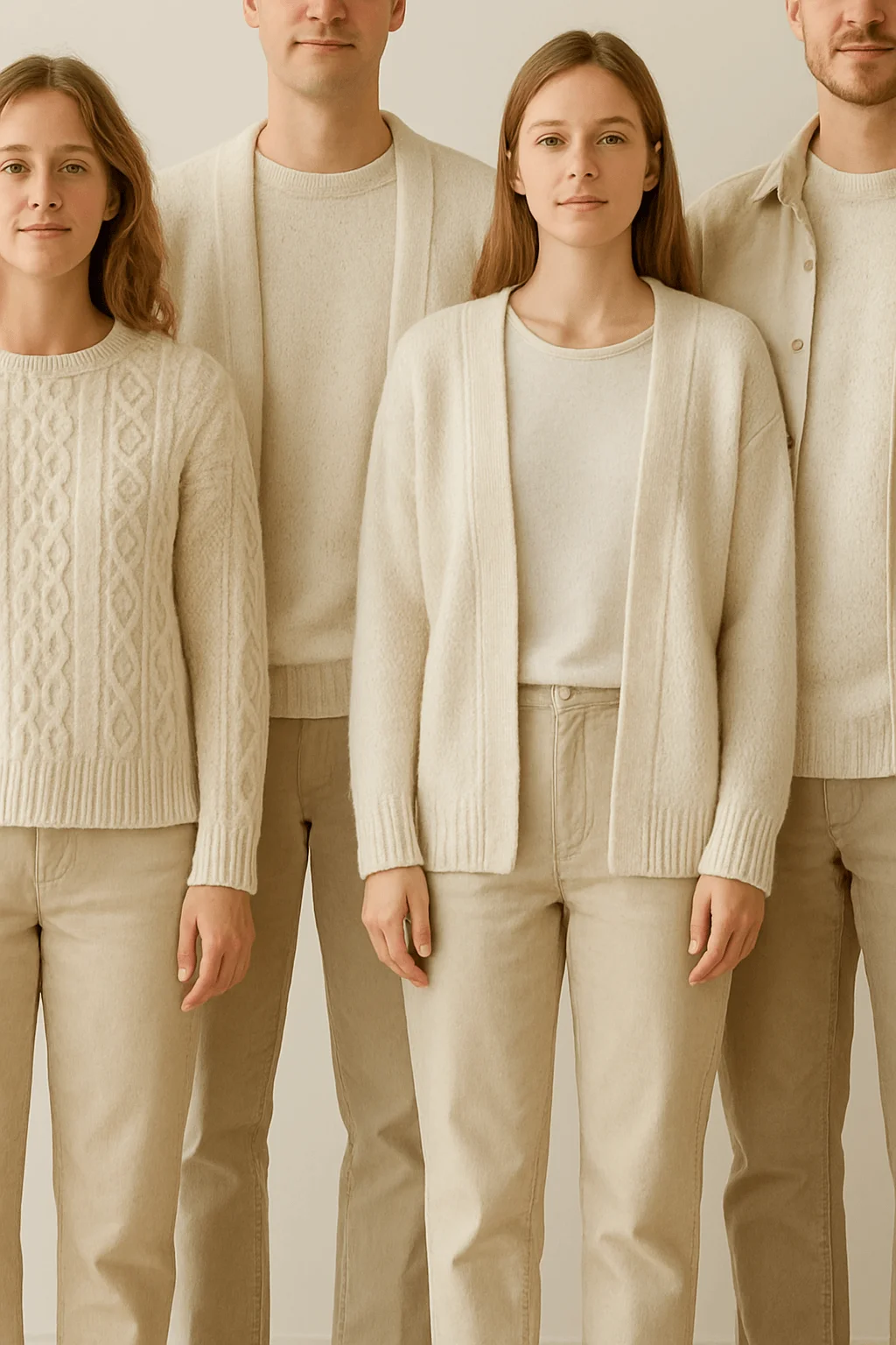 A family wearing coordinated cream and beige outfits stands together, dressed in soft knit sweaters and neutral pants, creating a minimalist and cozy monochromatic look against a light background.