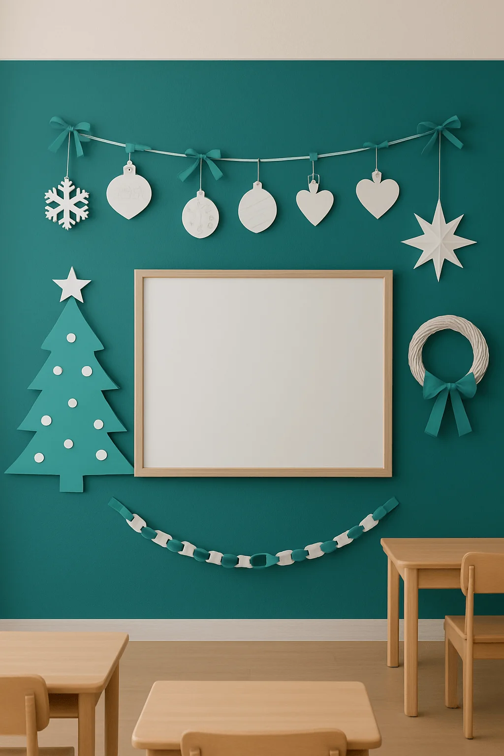Color-blocked classroom accent wall decorated with teal and white Christmas ornaments, a paper Christmas tree, star, wreath, garland, and a blank bulletin board above wooden student desks.
