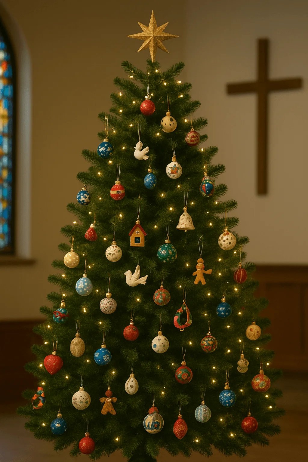 Community Christmas tree decorated with handmade ornaments in a church, featuring colorful baubles, thematic figures, and warm fairy lights.