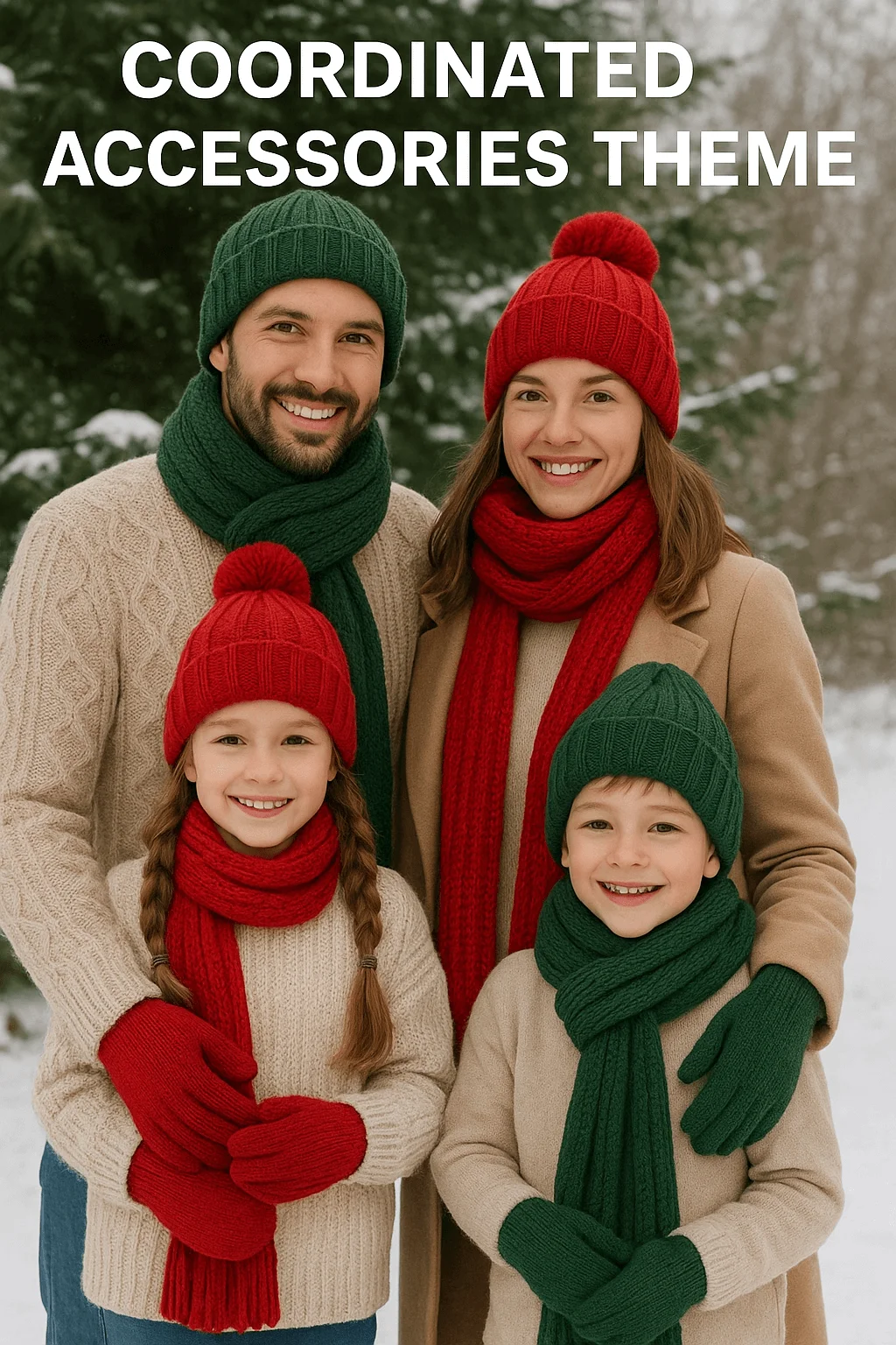 Family winter portrait showing parents and two children in coordinated red and green knit accessories, including hats, scarves, and gloves, paired with neutral sweaters and coats, standing outdoors in snowy forest with text that reads “Coordinated Accessories Theme.”