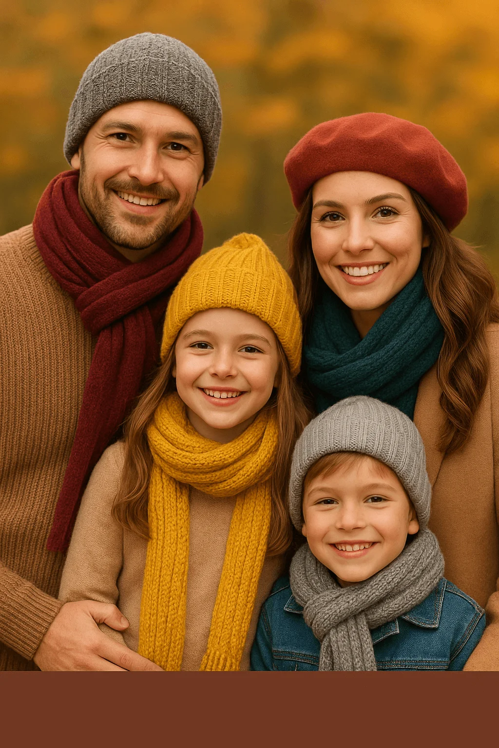 A smiling family of four wearing coordinated winter accessories, including knit hats and scarves in mustard yellow, grey, burgundy, and teal, posing outdoors against a warm autumn background.