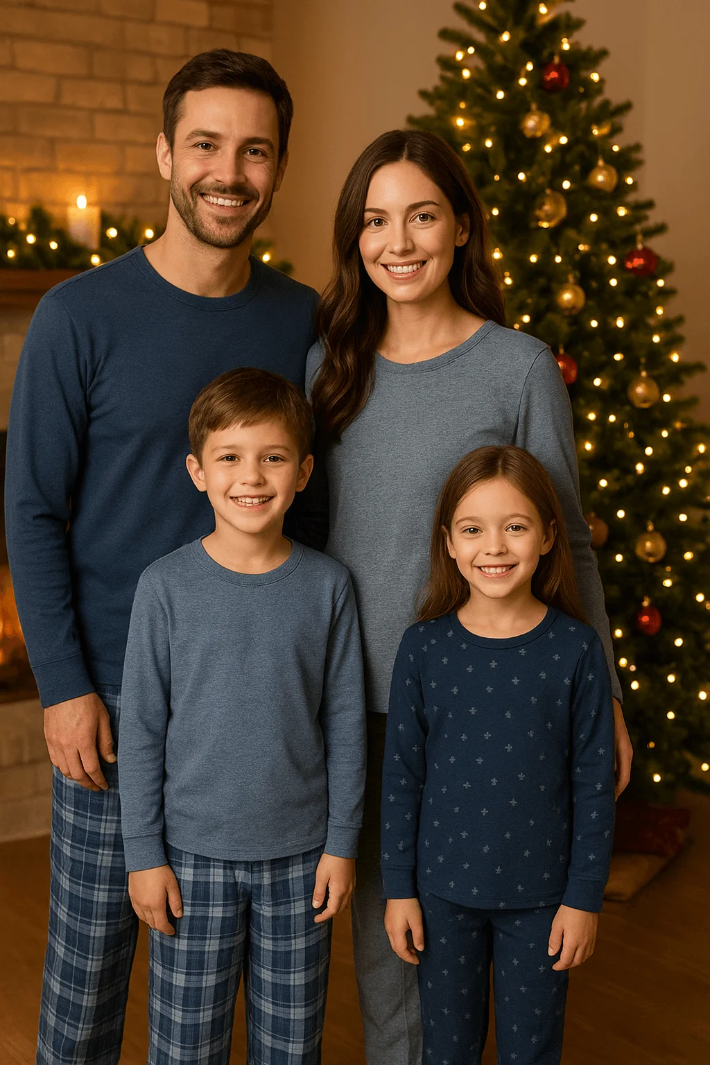 Cozy Christmas family photo wearing matching blue pajamas in front of a glowing tree and fireplace smiling warmly