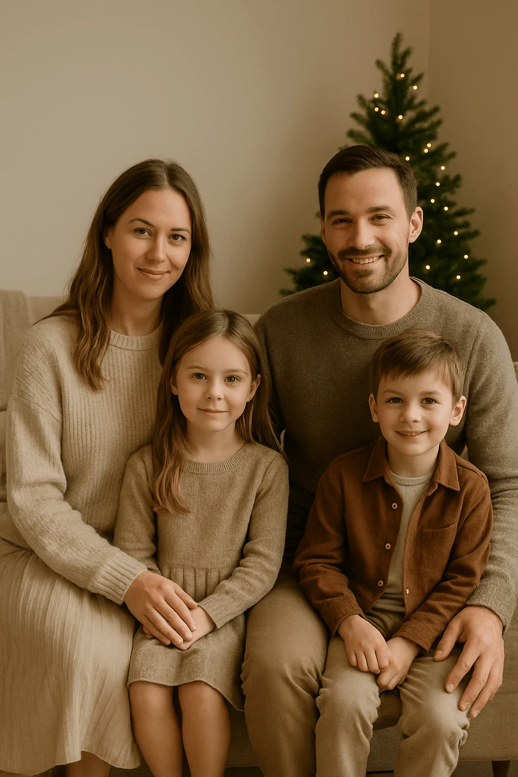 A family of four sits together indoors beside a small Christmas tree, wearing coordinated neutral-toned outfits in warm beige and brown.