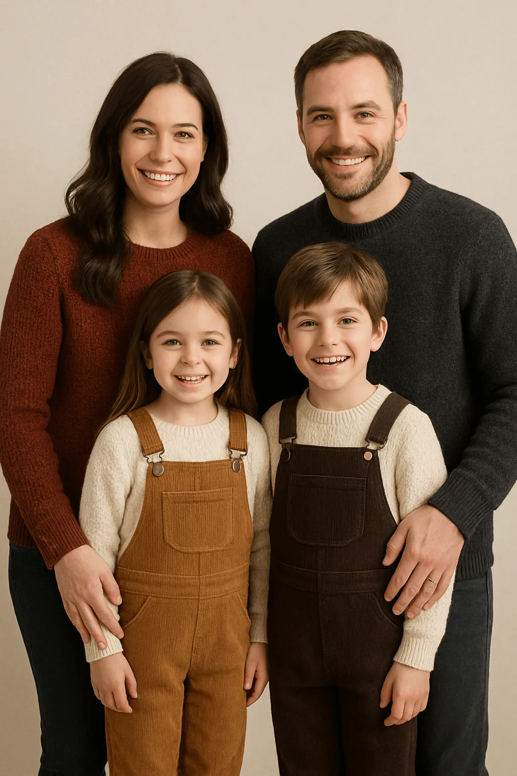 Family wearing cozy sweaters and children in corduroy overalls posing for a studio fall photo.