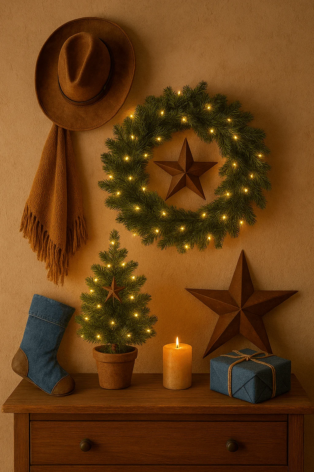 Rustic Western Christmas decor featuring a cowboy hat, glowing wreath, mini tree with lights, denim stocking, and wrapped gift for a cozy cowgirl holiday look