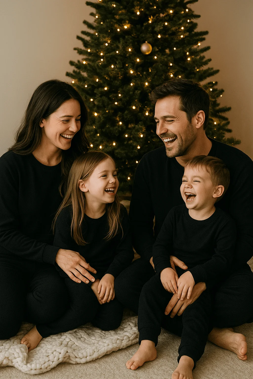Family of four dressed in matching black loungewear, sitting barefoot on a cozy knit blanket in front of a lit Christmas tree, all smiling and laughing together.