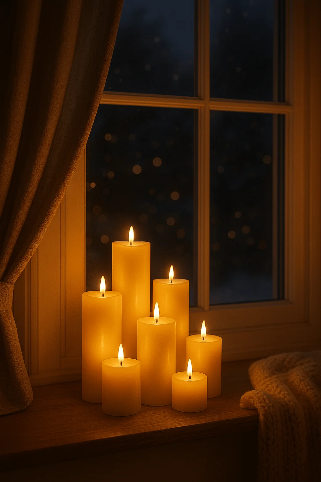 Cozy Christmas window scene with a cluster of warm glowing pillar candles soft curtains and a nighttime backdrop creating a peaceful holiday atmosphere