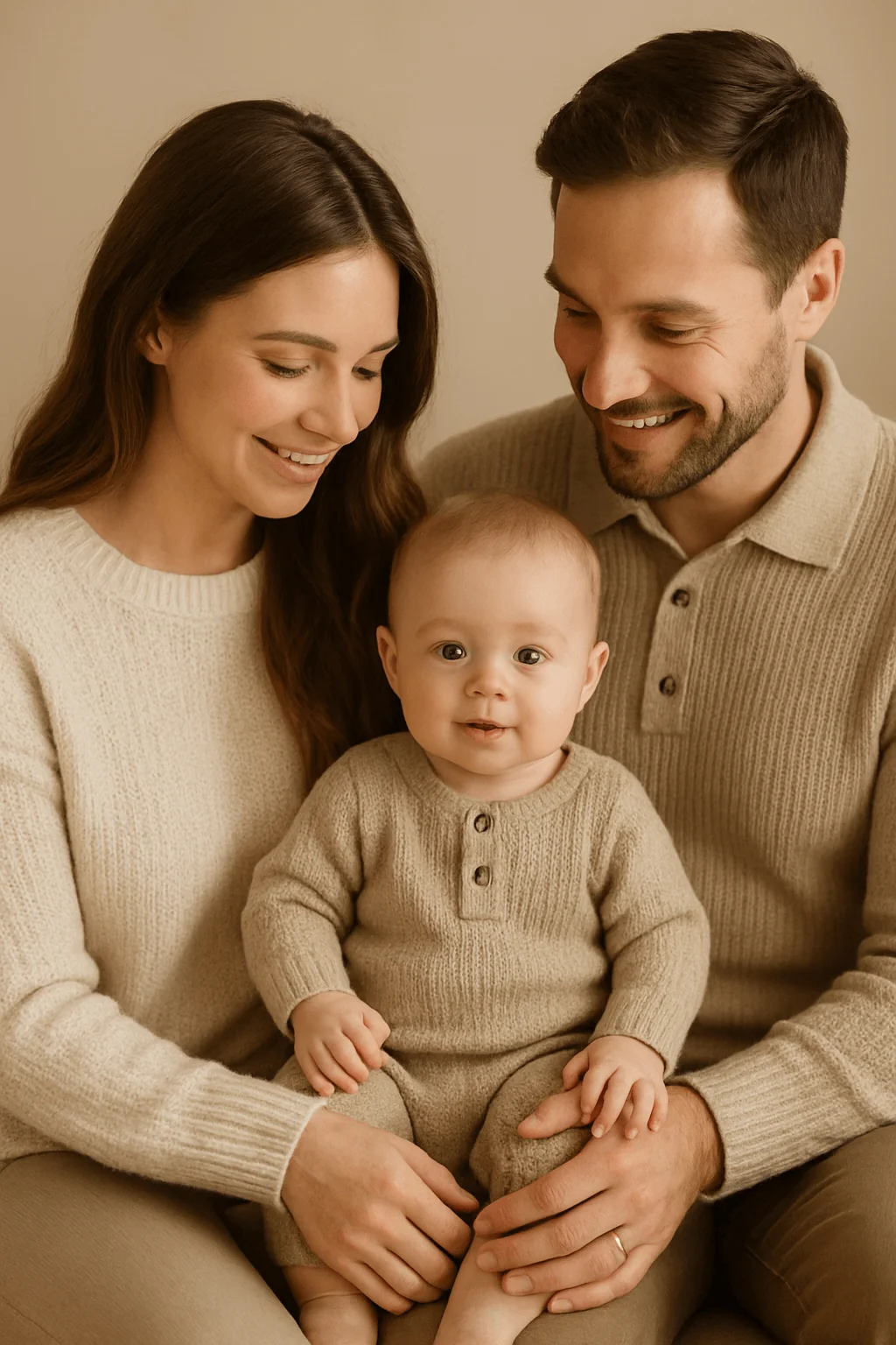 Family photo with parents wearing neutral knit sweaters holding a baby dressed in a matching beige knit outfit against a soft beige background