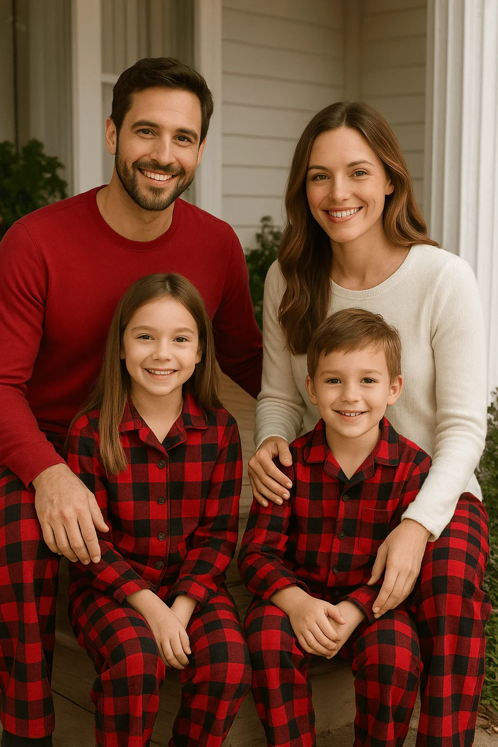 Family wearing coordinated holiday pajamas, with children in red and black plaid sets and parents in matching red and white tops, smiling together on a porch.