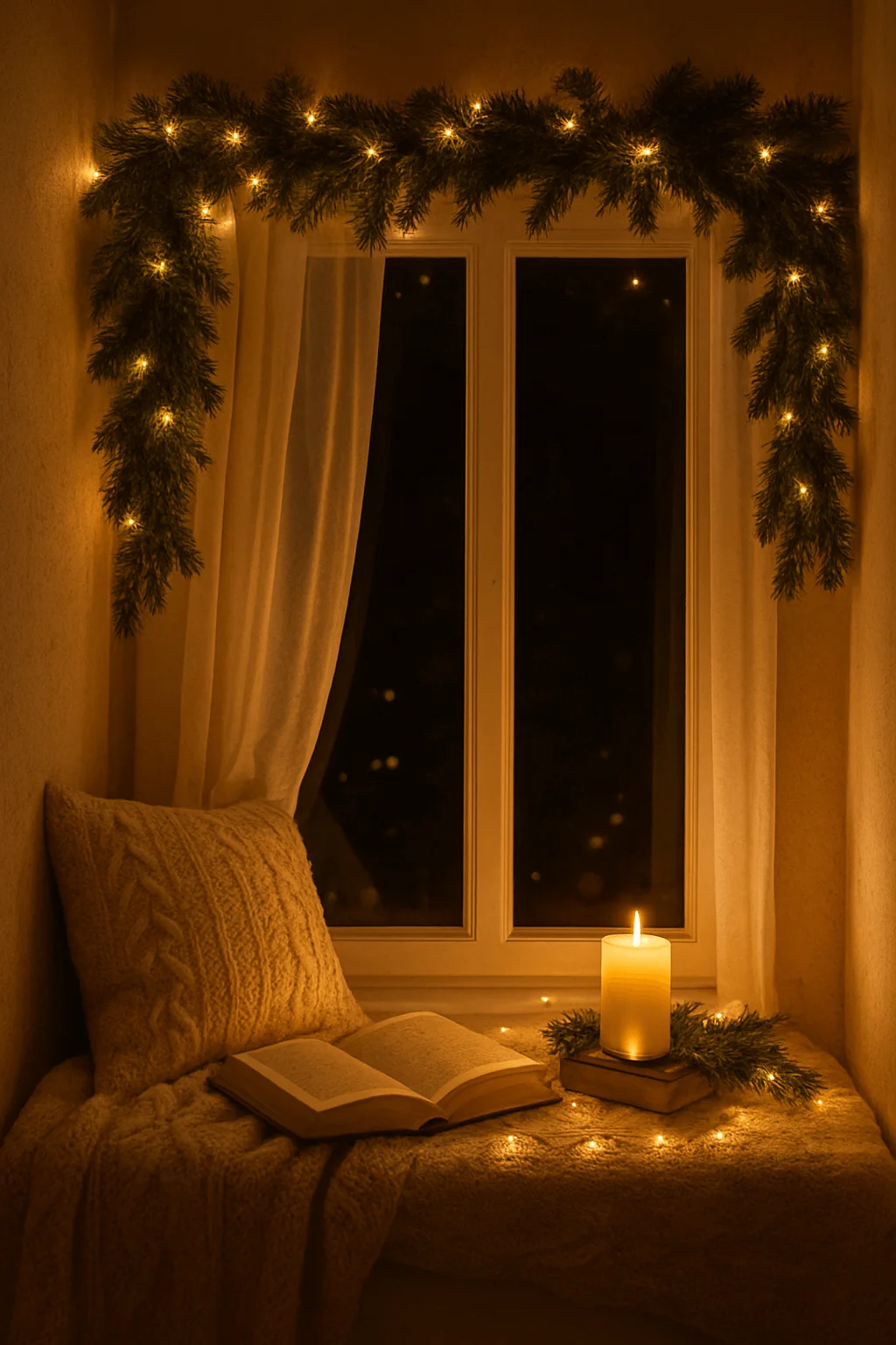 Warm cozy window nook decorated with glowing garland soft blankets a knitted pillow an open book and a lit candle creating a peaceful winter reading corner
