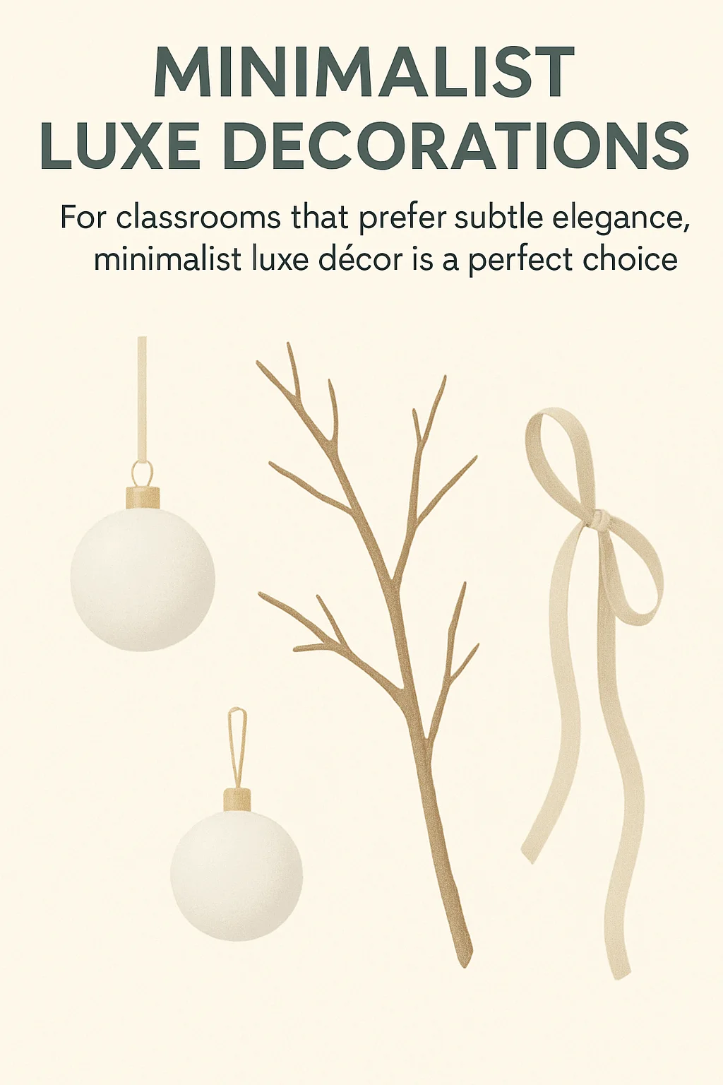 Minimalist luxe classroom décor concept featuring neutral white ornaments, a simple gold branch, and an elegant ribbon on a soft beige background with text describing subtle, elegant holiday decorations