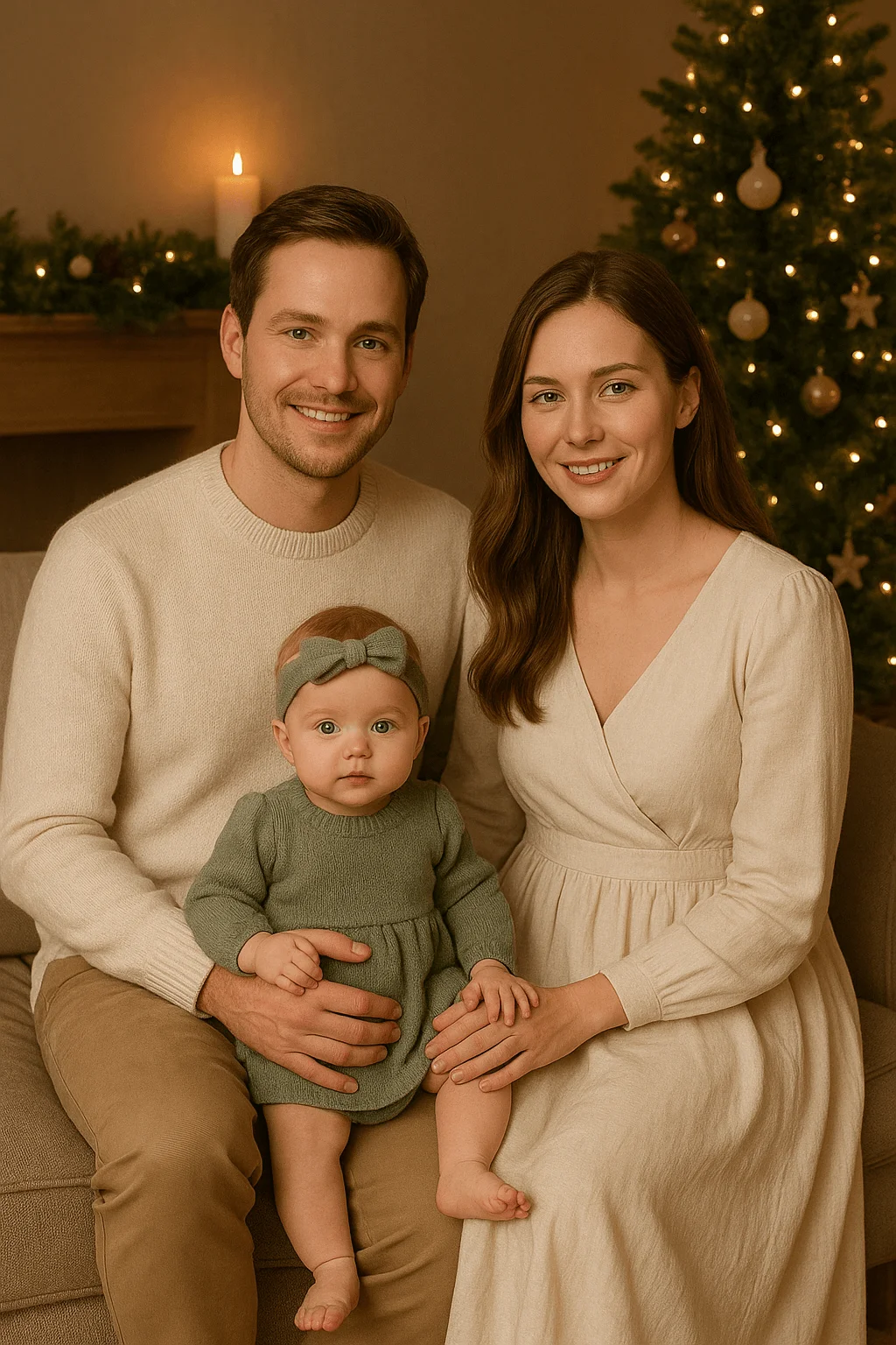 Family dressed in soft neutral outfits posing indoors with warm holiday lighting, featuring parents in cream clothing and their baby in a sage green knit dress and matching headband, seated beside a decorated Christmas tree.