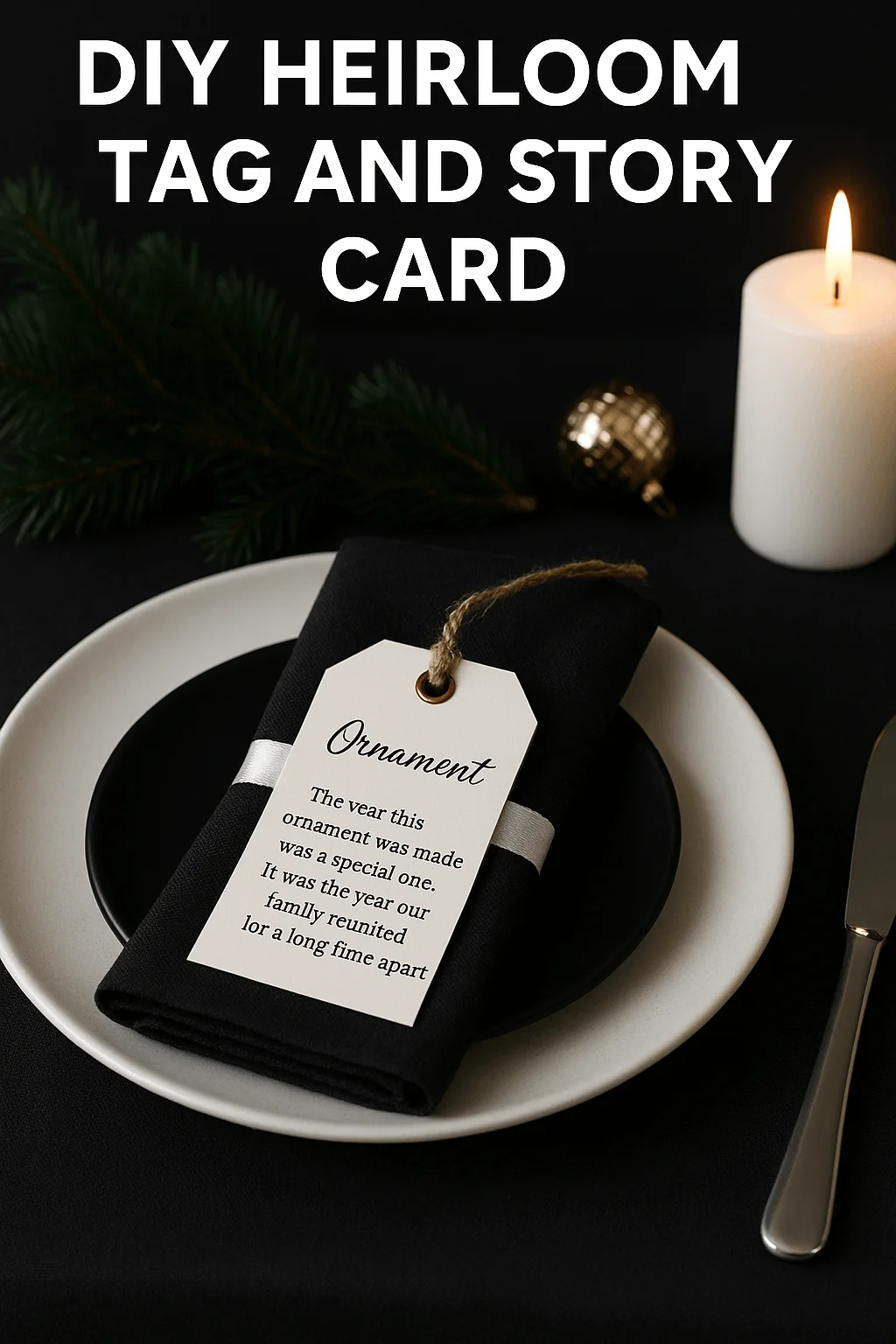 Black and white Christmas place setting with a DIY heirloom ornament story tag on a black napkin, white plate, candle, and evergreen decor.