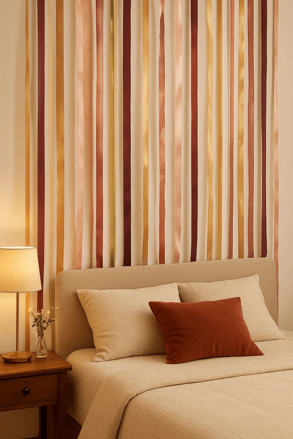 Cozy bedroom with warm lighting and a creative ribbon wall in gold, cream, and copper tones adding a festive and elegant holiday touch