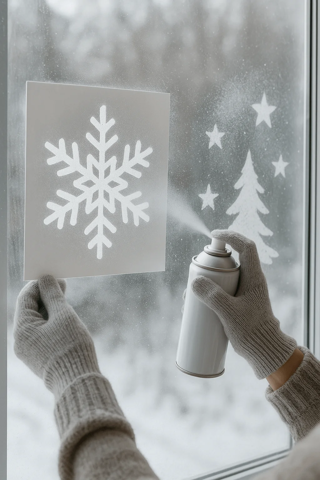 Person wearing cozy knit gloves using a stencil and spray snow to create white winter designs on a window including a large snowflake stars and a Christmas tree against a snowy outdoor background