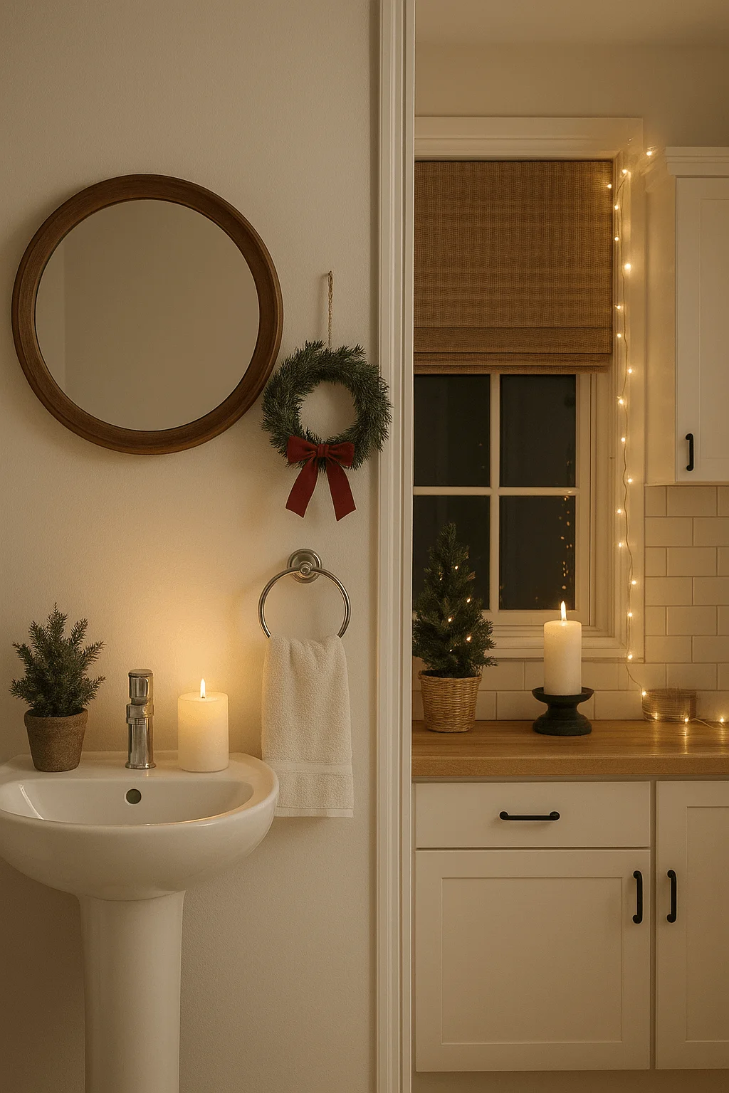 Cozy holiday bathroom and vanity décor featuring a small evergreen wreath with a red bow, mini tabletop Christmas trees, warm pillar candles, and soft string lights creating a welcoming seasonal glow
