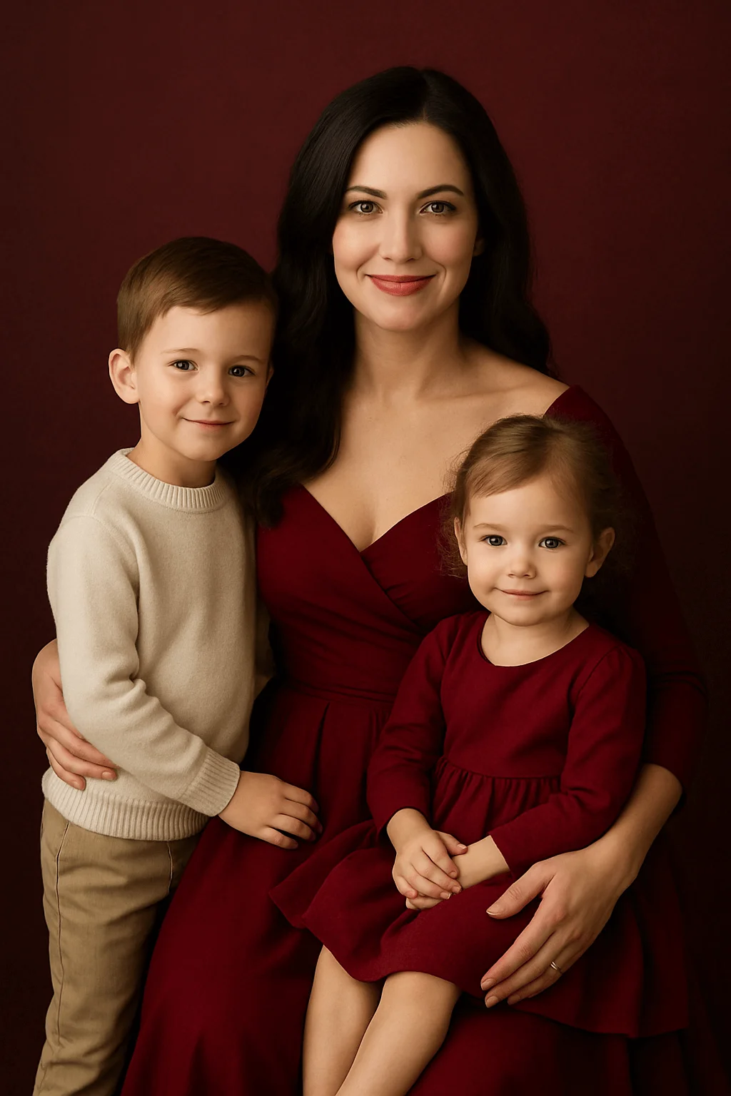 Mother in deep burgundy dress posing with two young children; son wearing cream sweater and khaki pants, and daughter in matching burgundy dress, against a dark burgundy studio backdrop.