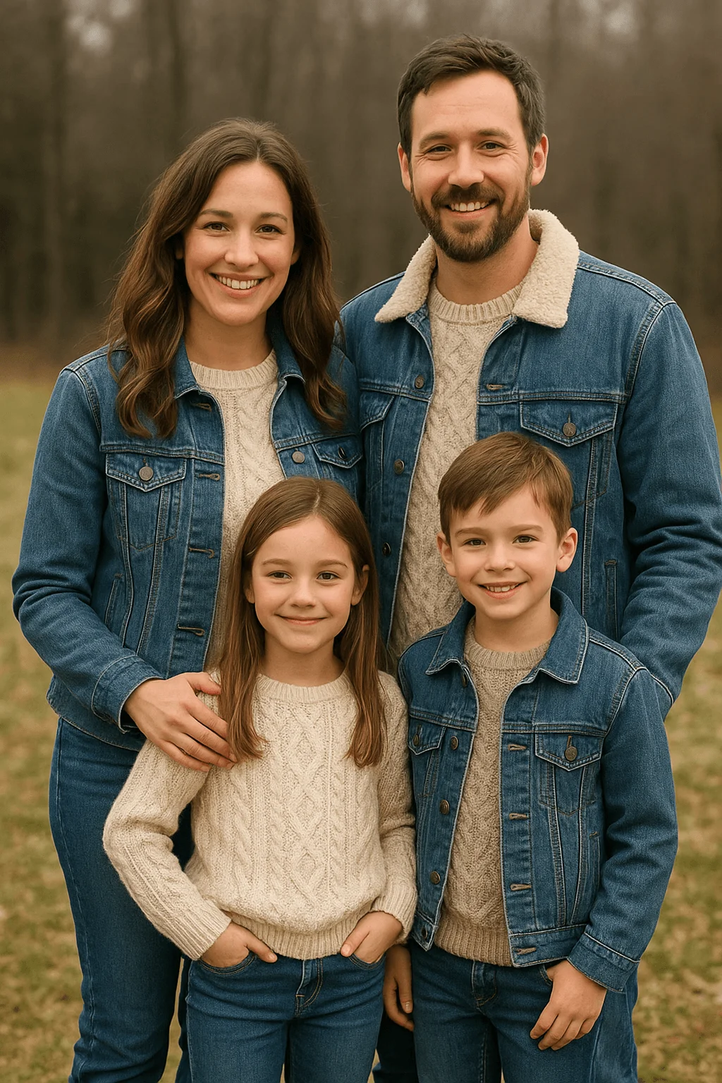 Family wearing matching denim jackets and cream knit sweaters posing outdoors for fall and winter photos