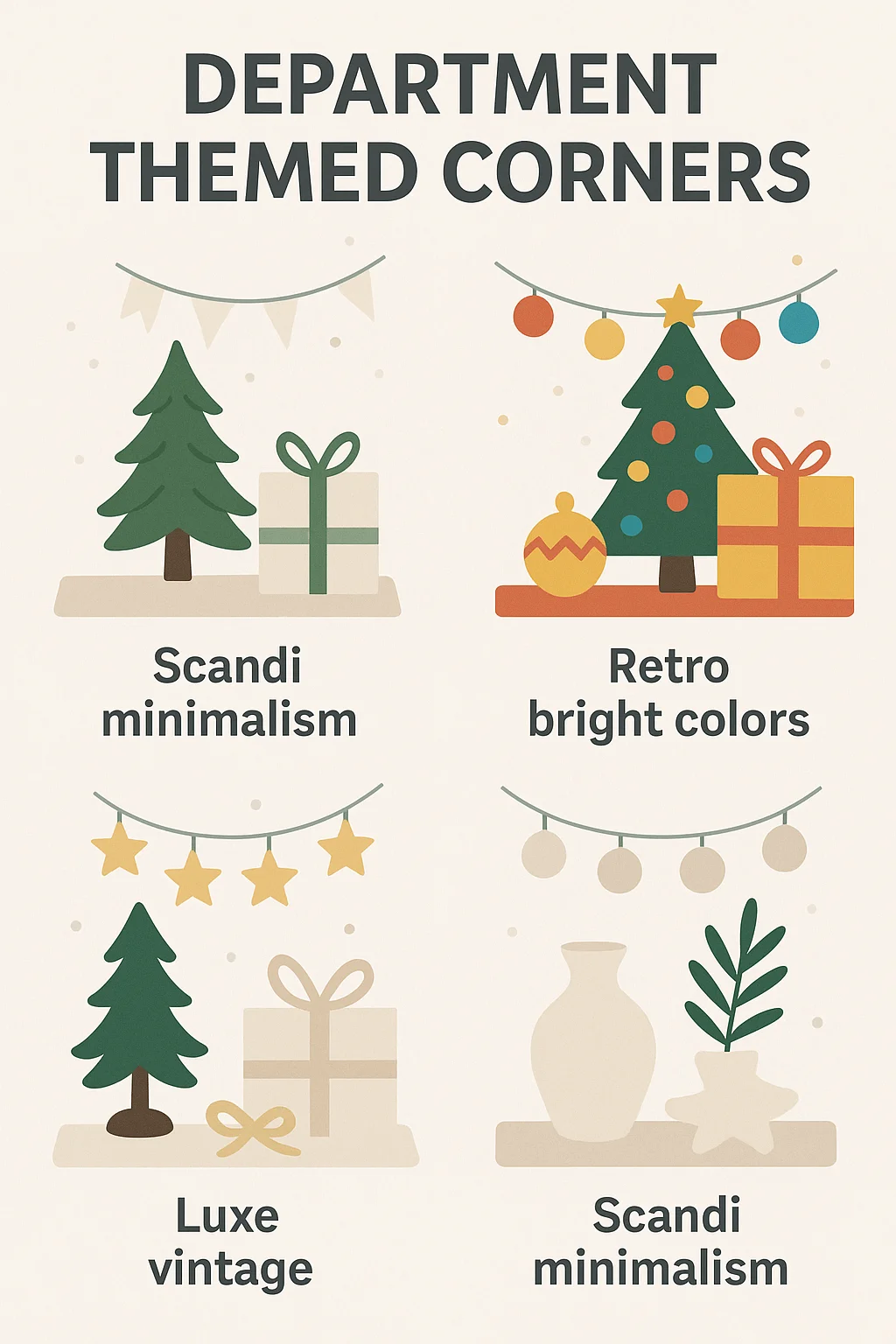 Illustrated graphic showing four holiday décor themes for office departments, each with a small vignette. Top left: a simple green tree and neutral gift labeled “Scandi minimalism.” Top right: a bright-colored tree with ornaments and presents labeled “Retro bright colors.” Bottom left: neutral-toned tree, stars, and gifts labeled “Luxe vintage.” Bottom right: vase, plant sprig, and star ornament labeled “Scandi minimalism.” Text at top reads “Department Themed Corners.