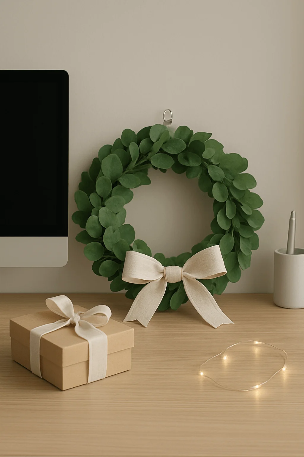 Minimal desktop Christmas setup with a small green wreath decorated with a cream bow, a kraft gift box tied with matching ribbon, and soft string lights on a wooden desk beside a computer.