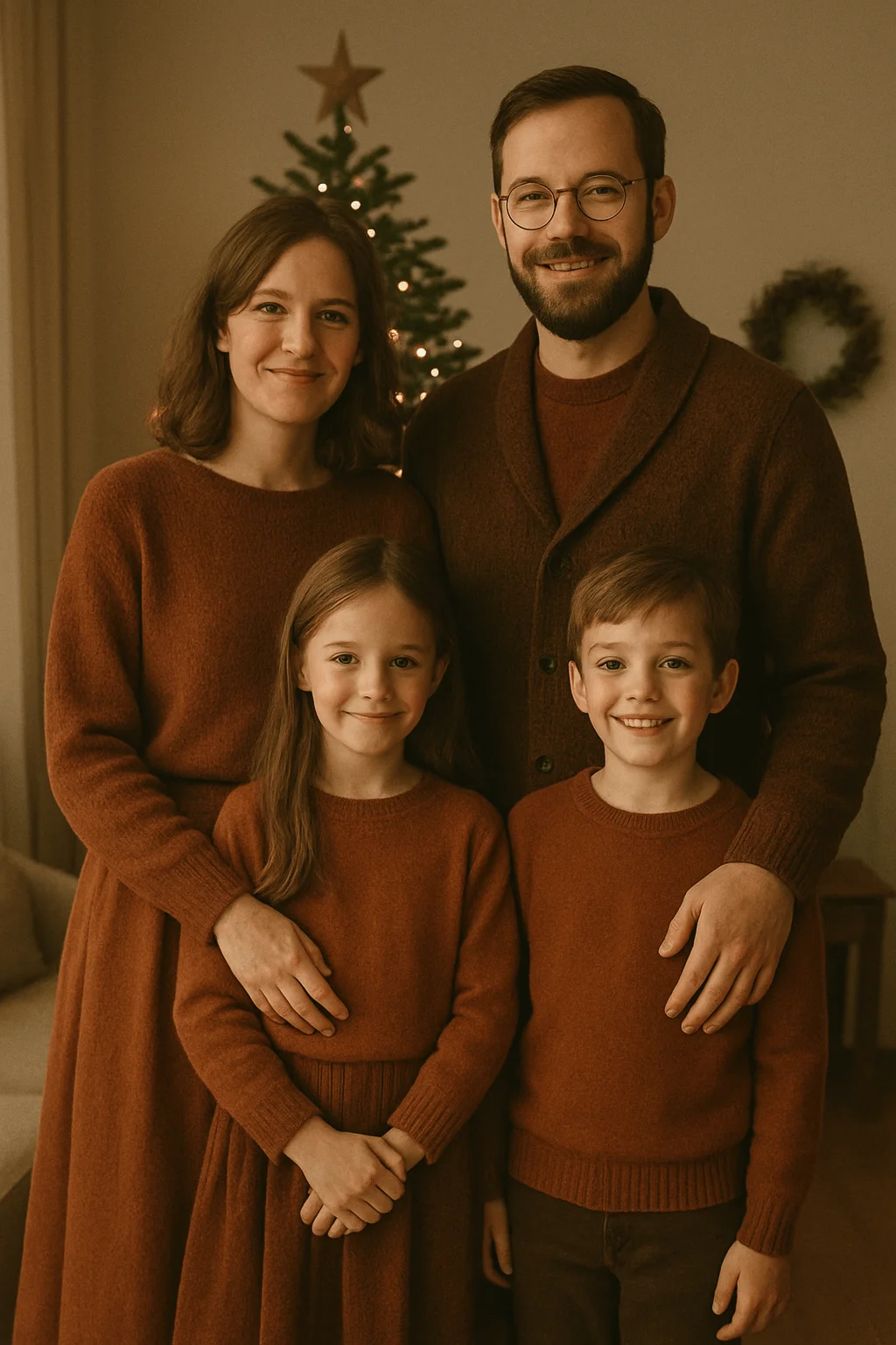 “A family of four stands together indoors in front of a Christmas tree, all wearing coordinated warm brown outfits in a soft, monochromatic style.