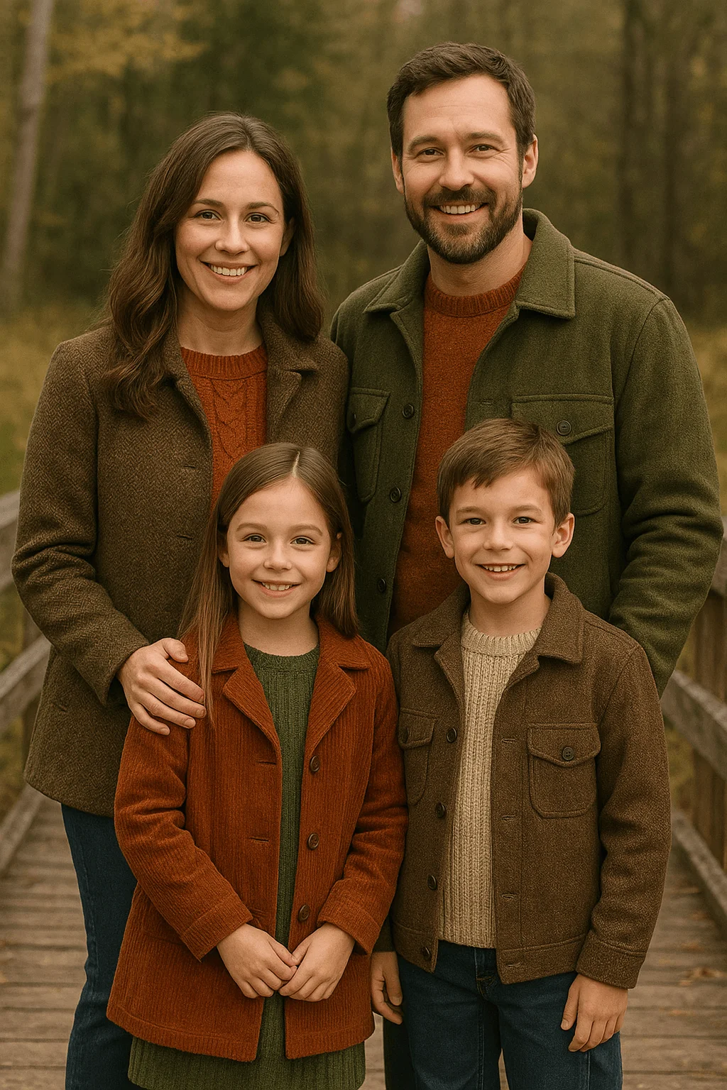 Family wearing coordinated earth-tone outfits with brown, olive, and rust jackets posing outdoors on a wooden bridge in a forest setting.