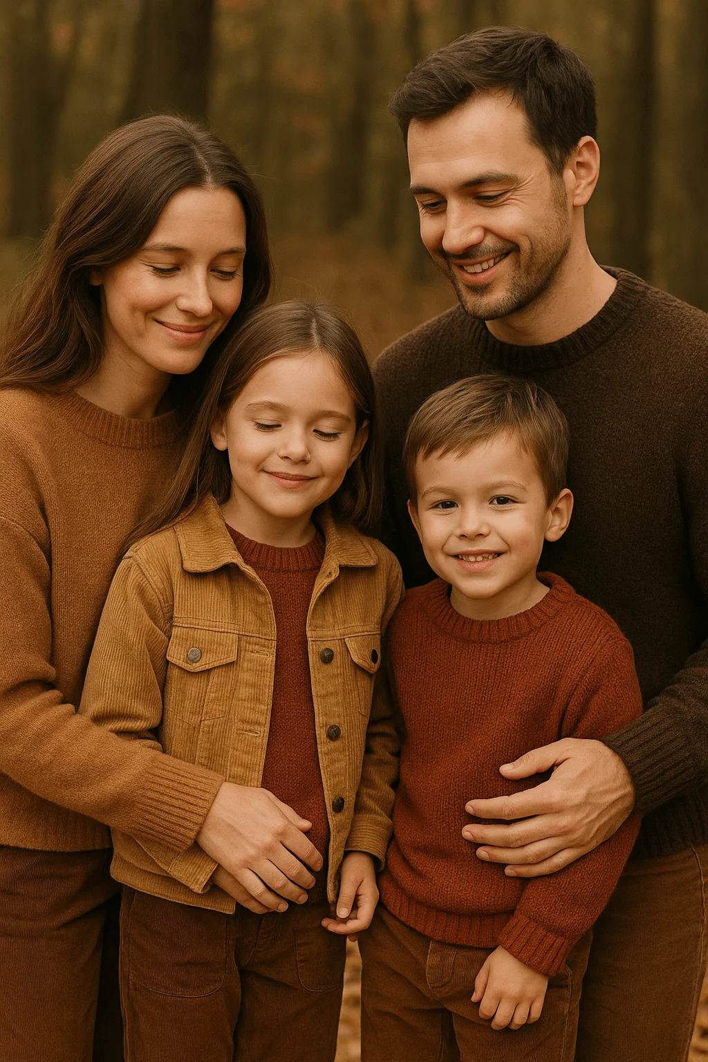 Outdoor fall family photo wearing warm earthy brown and rust outfits smiling together in a forest setting