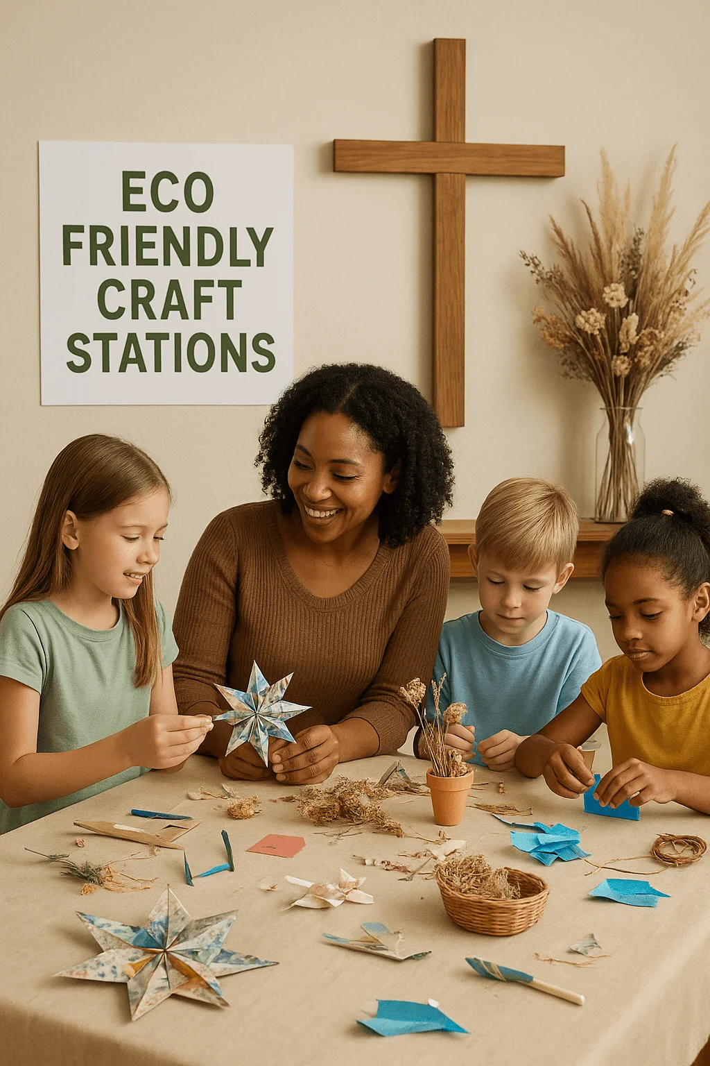 Eco-friendly church craft station with kids creating handmade paper stars using sustainable materials alongside a teacher.