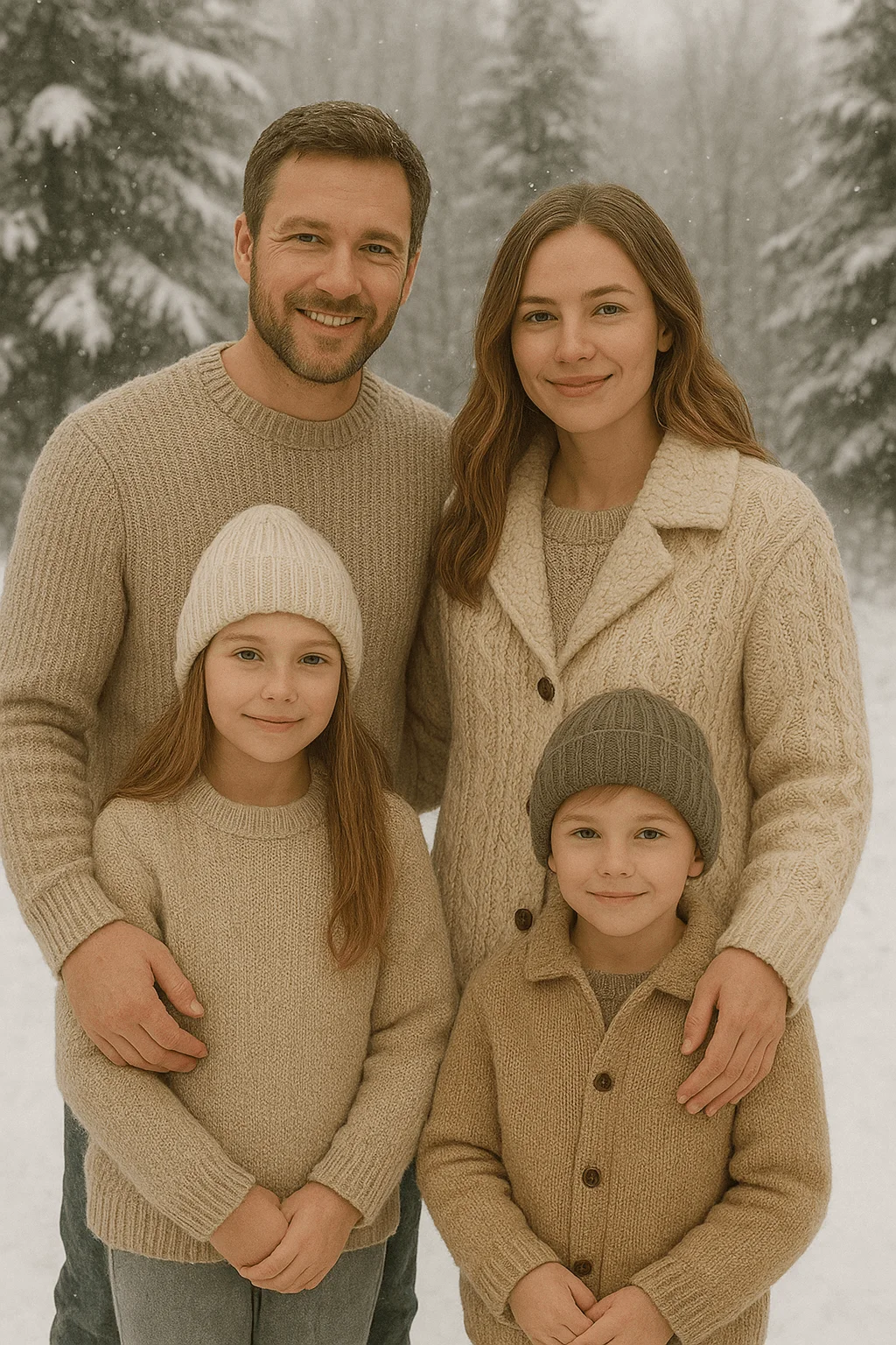 Family wearing cozy neutral knit sweaters and beanies posed together outdoors in a snowy forest, dressed in soft beige and tan winter layers.
