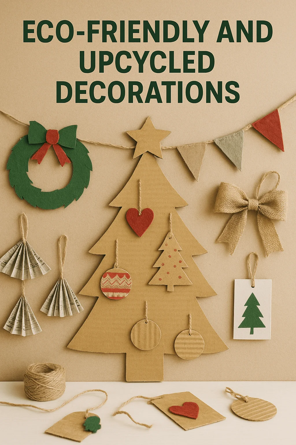 Eco-friendly holiday decorations made from cardboard, felt, and recycled paper, including a cardboard Christmas tree, garland, wreath, paper angels, and handmade gift tags displayed against a kraft paper background.