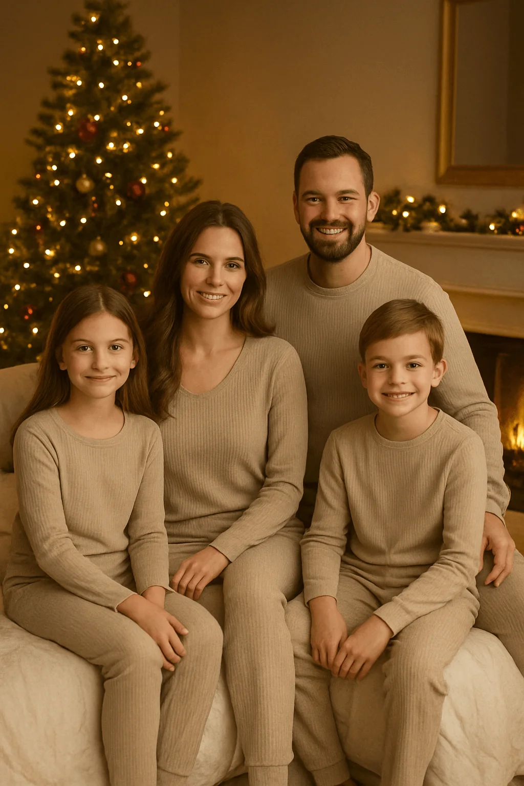 “A family of four sits together in a cozy, softly lit living room decorated for Christmas, all wearing matching beige ribbed loungewear.