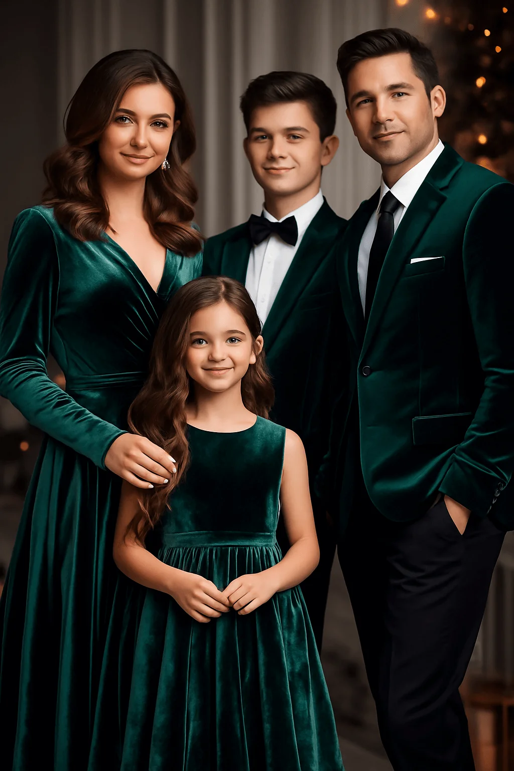 Elegant family portrait in matching emerald green velvet outfits with formal holiday styling