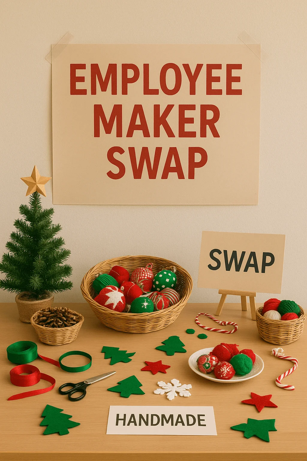 Holiday craft swap table with handmade felt ornaments, ribbons, and baskets of yarn-covered baubles, displayed under a sign reading “Employee Maker Swap.