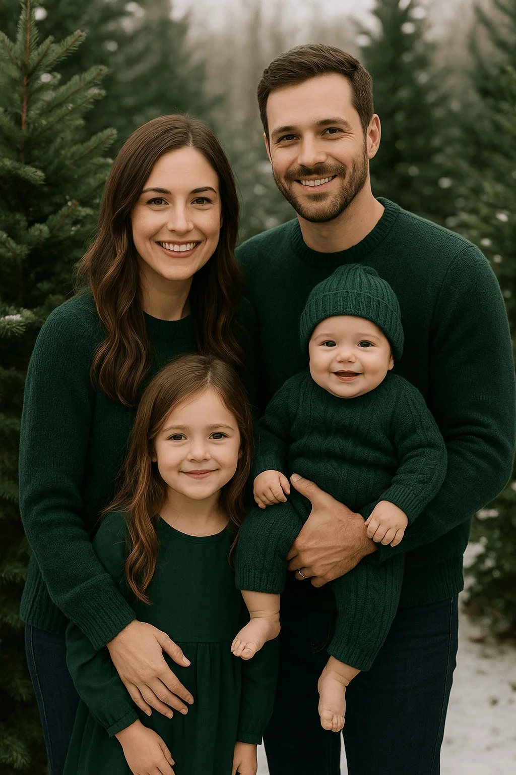Family Christmas photo with parents and two children wearing matching dark green outfits standing together in an evergreen tree setting