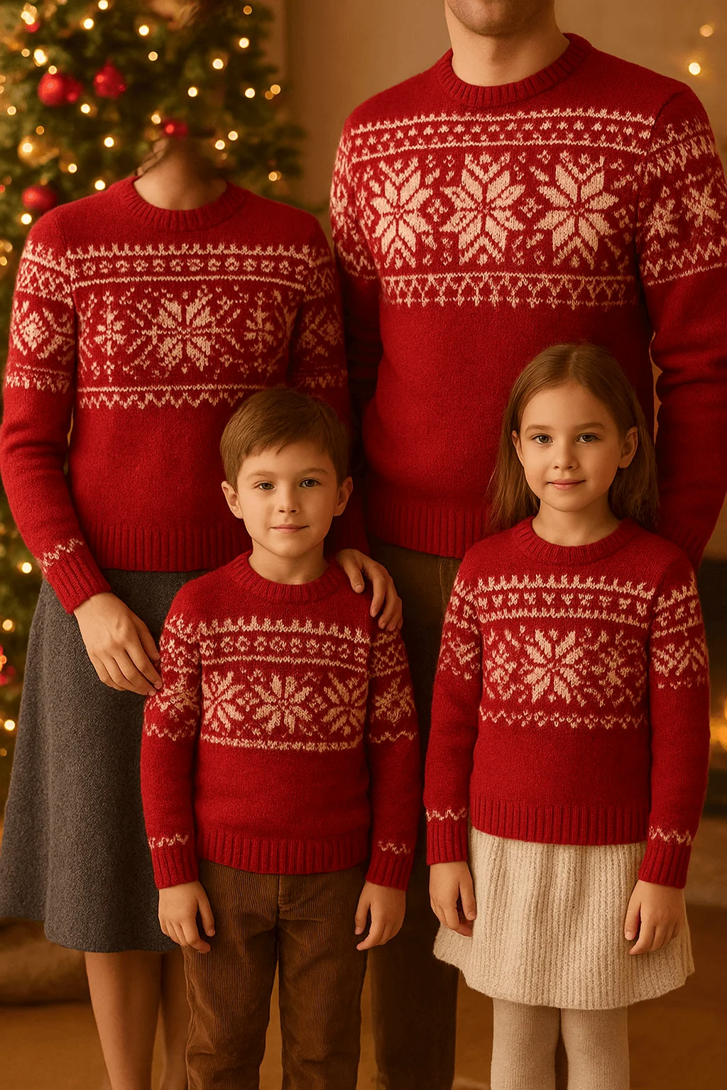 family wearing matching red fair isle christmas sweaters by the tree