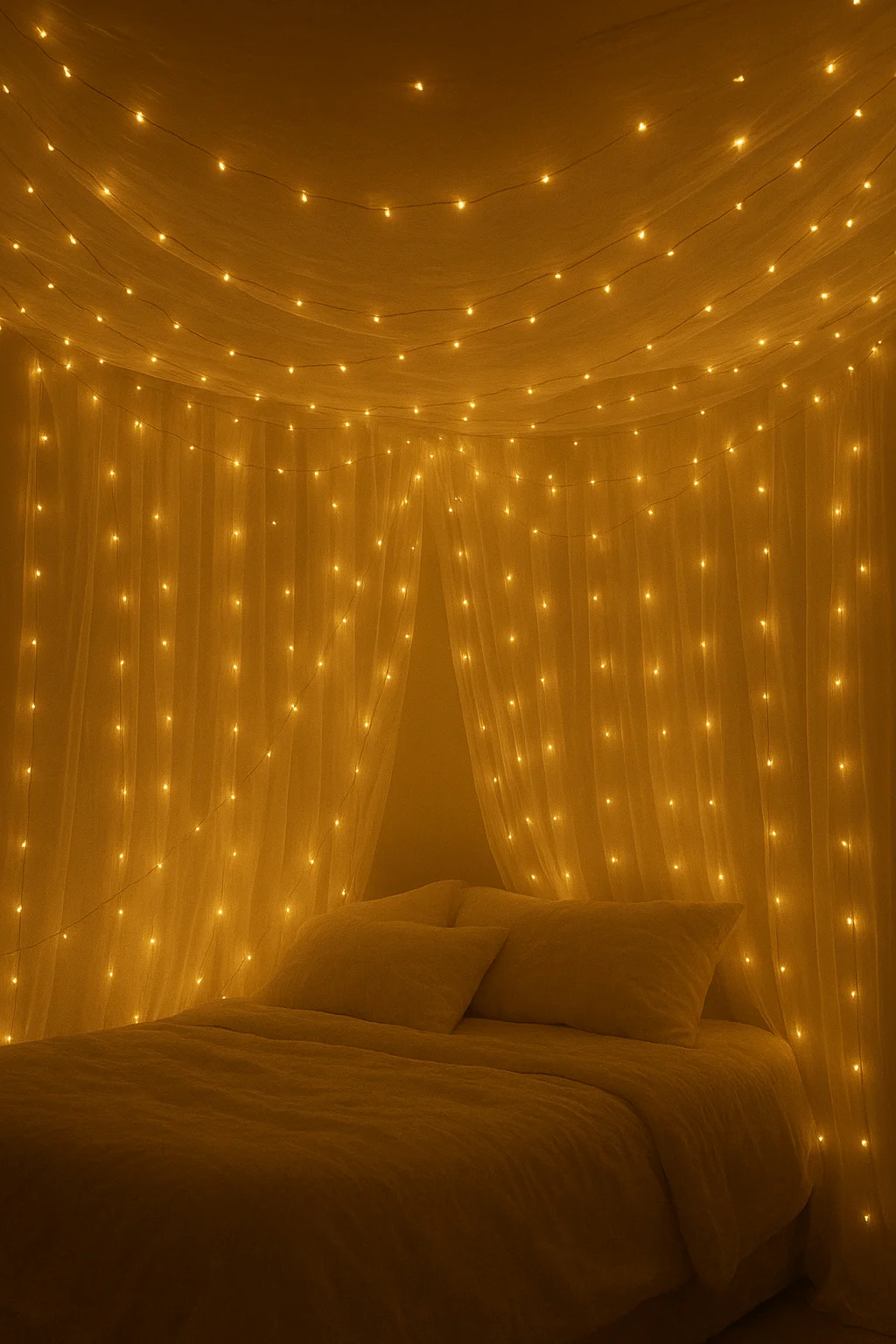Cozy bedroom with warm fairy lights draped across the ceiling and walls creating a dreamy canopy effect around the bed