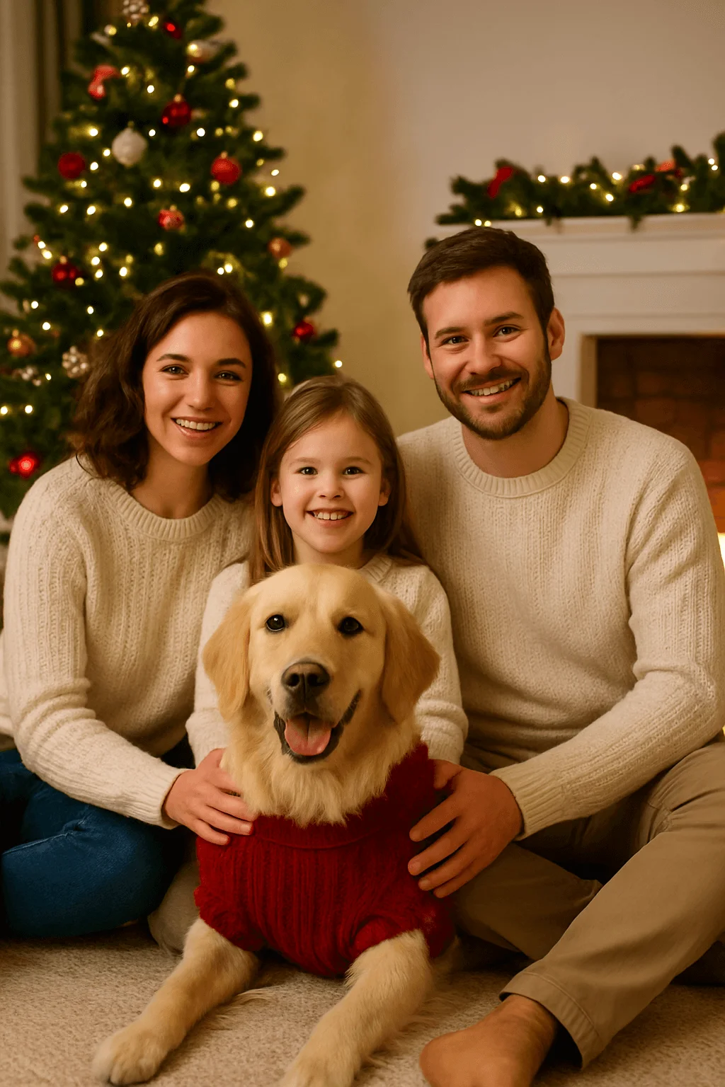 A family of three sits in front of a Christmas tree and fireplace, smiling while their Golden Retriever wearing a red sweater sits happily in front of them.