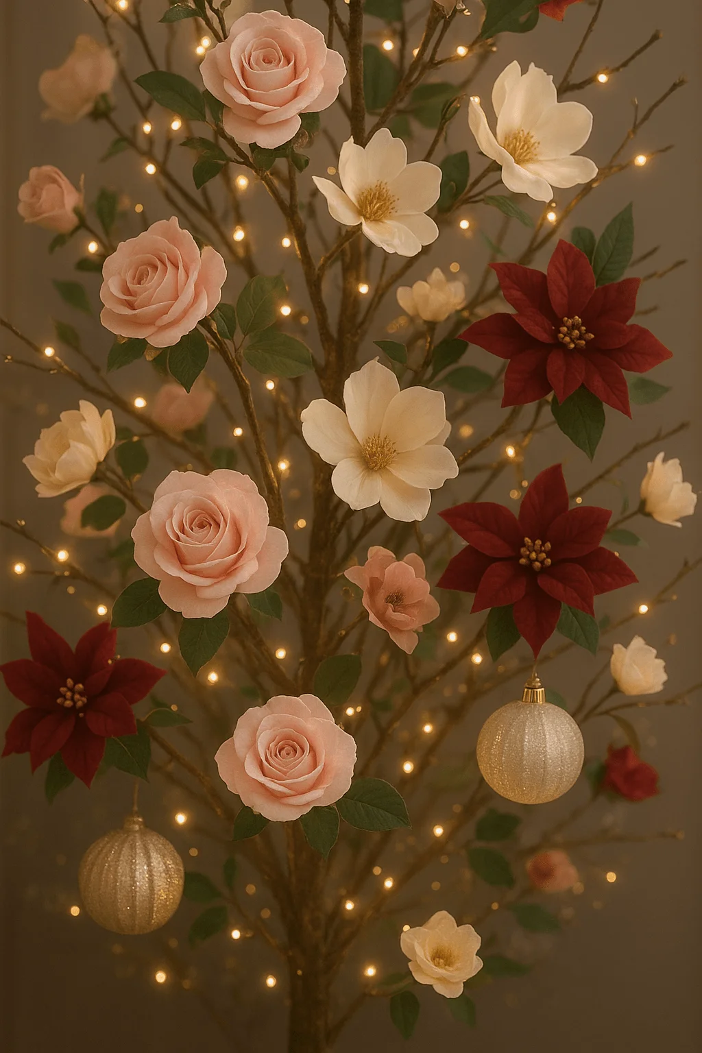 close up of christmas tree decorated with faux flowers including pink roses white magnolias and red poinsettias with warm fairy lights and gold ornaments in romantic floral style