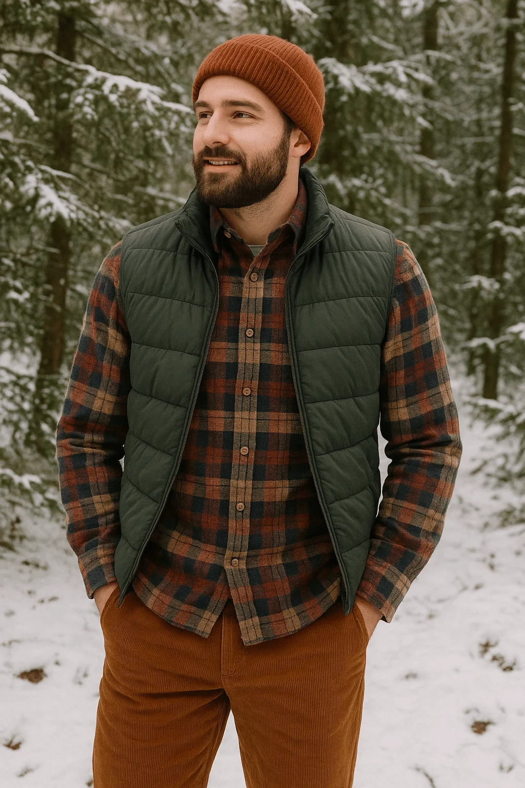 Winter portrait of a man wearing a plaid flannel shirt green quilted vest rust beanie and corduroy pants standing in a snowy forest