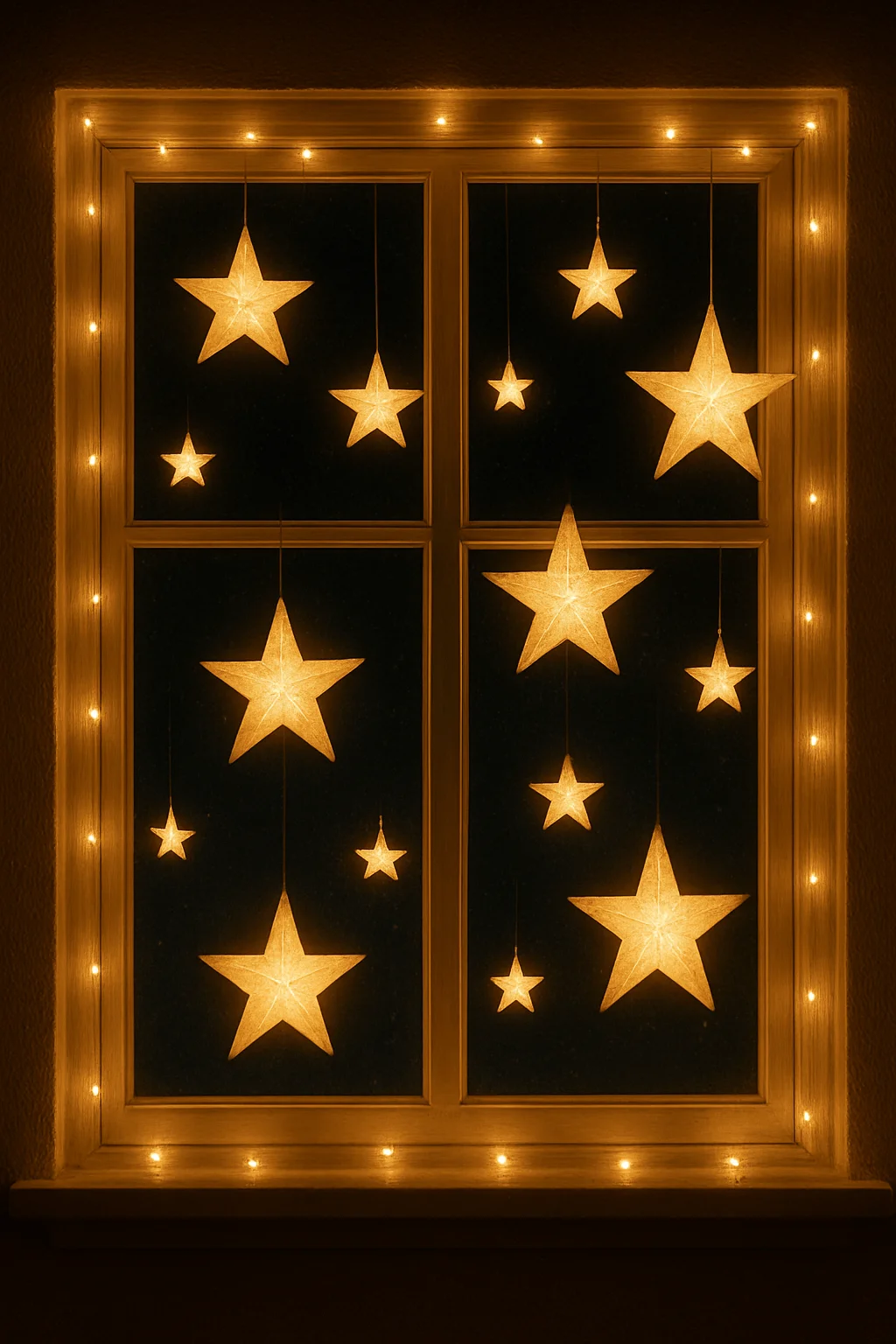 Warm glowing star decorations hanging inside a dark window with string lights outlining the frame creating a magical floating star effect for a cozy holiday display