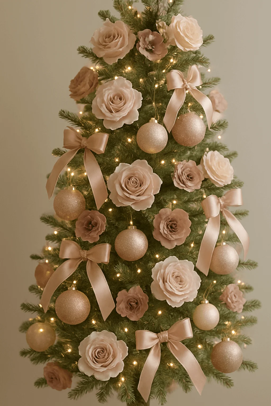 elegant christmas tree decorated with blush pink roses, satin bows, and shimmering ornaments in a soft floral-inspired color palette