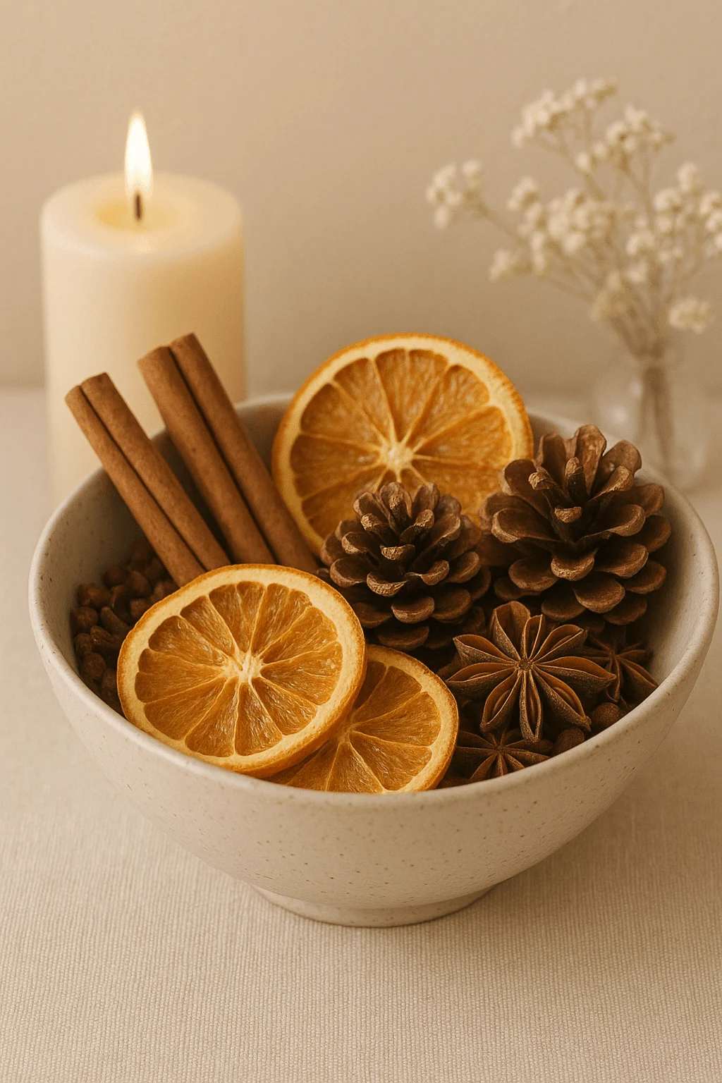 Neutral-toned holiday potpourri bowl filled with dried orange slices, pine cones, cinnamon sticks, and star anise, styled beside a lit pillar candle and soft florals for a warm, cozy Christmas ambiance